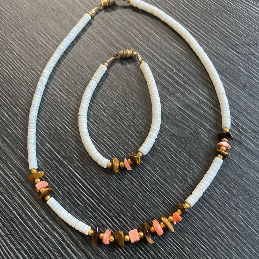 White shell Bead Necklace and Bracelet Set with Pink coral Accents